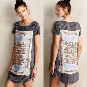 Anthropologie Maeve Around Town Silk Tee Dress XS Travel Landmark Novelty Print